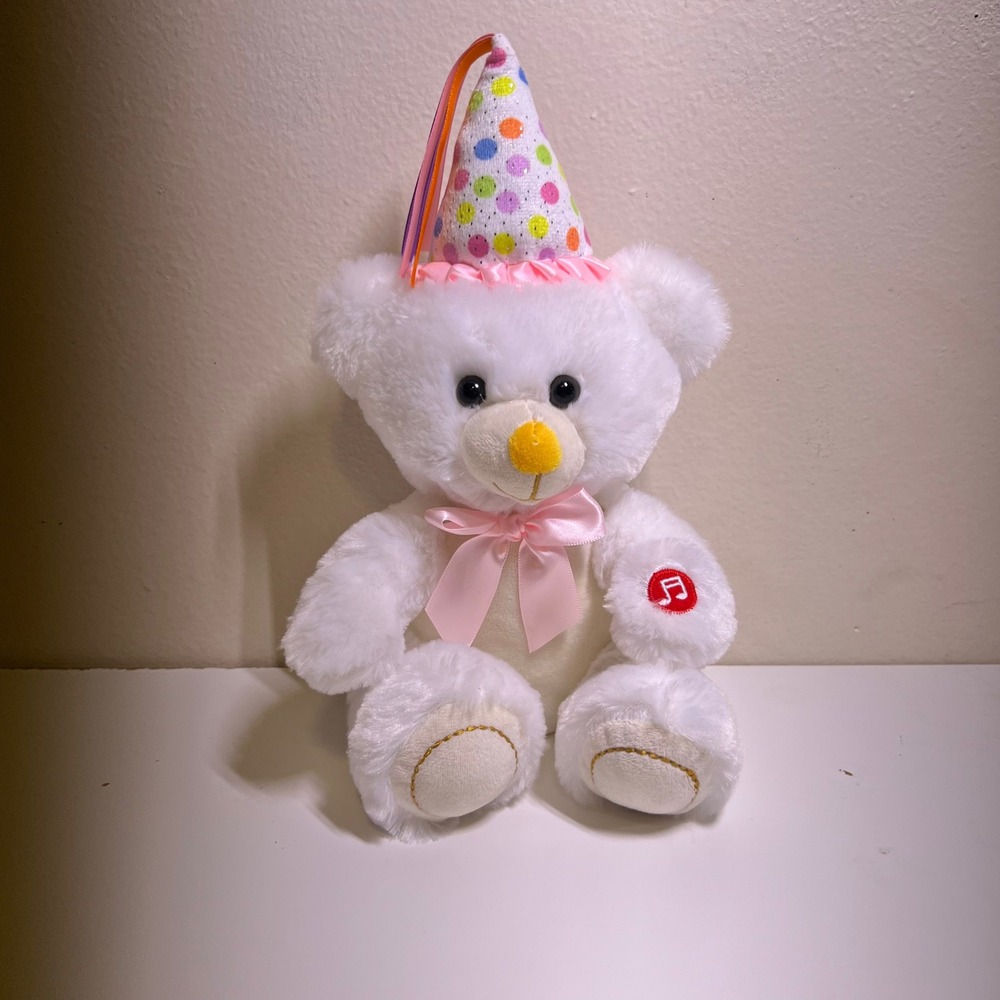 Linzy Toys 10" Musical Birthday Teddy Bear White Pink Bow Polka Dot Hat